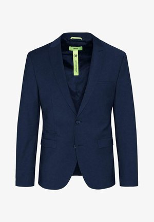 Navy blazer with notch lapels, single-button closure, side pockets, and a smooth texture. Lining features a bright green accent label.