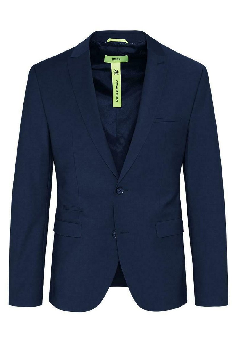 Marineblazer met notch revers, enkelknoopsluiting, zijzakken en een gladde structuur. De voering heeft een felgroen accentlabel.
