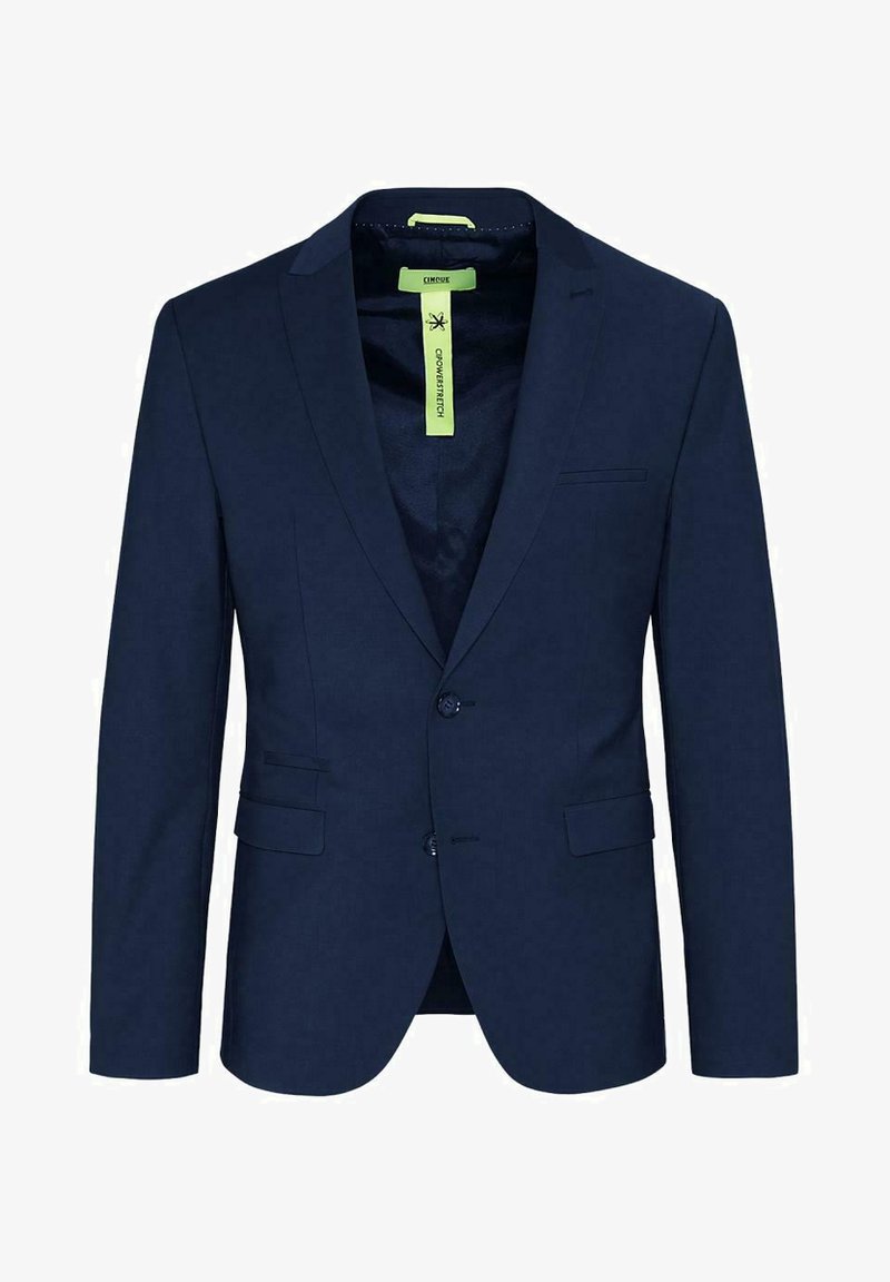 Marineblazer met notch revers, enkelknoopsluiting, zijzakken en een gladde structuur. De voering heeft een felgroen accentlabel.