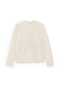 Cremfarbener Strickpullover mit Rundhalsausschnitt, langen Ärmeln und geripptem Saum sowie Bündchen, der durchgehend aus strukturiertem Material besteht.