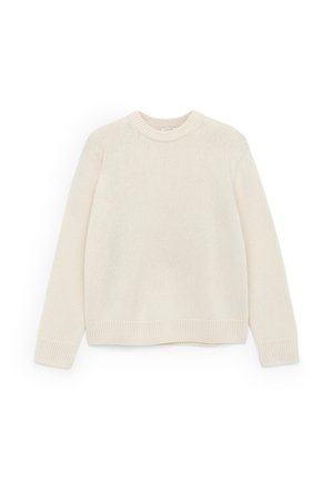 Cremfarbener Strickpullover mit Rundhalsausschnitt, langen Ärmeln und geripptem Saum sowie Bündchen, der durchgehend aus strukturiertem Material besteht.