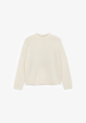 Cremfarbener Strickpullover mit Rundhalsausschnitt, langen Ärmeln und geripptem Saum sowie Bündchen, der durchgehend aus strukturiertem Material besteht.