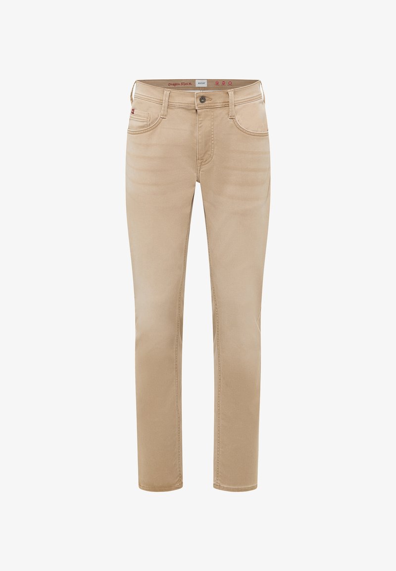 Beige Slim-Fit-Jeans aus Denim. Verfügt über fünf Taschen, einen Knopfverschluss und dezentes Ausbleichen. Glatte Textur mit verstärkten Nähten.