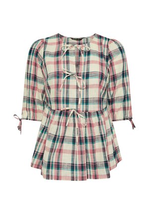 Karierte Bluse mit rosa, teal und schwarzen Karos, ausgestattet mit drei vorderen Bindebändern, glockenförmigen Ärmeln mit kleinen Schleifen und einer gerafften Taille.