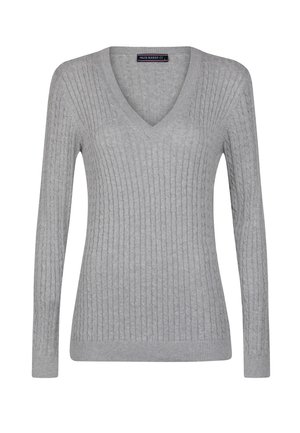 Maglione a treccia di colore grigio chiaro per donna, con maniche lunghe e scollo a V, polsini e orlo a costine, firmato Felix Hardy.