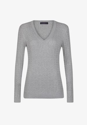Hellgrauer Damen-Kabelstrickpullover mit langen Ärmeln und V-Ausschnitt, gerippten Bündchen und Saum, der Marke Felix Hardy.