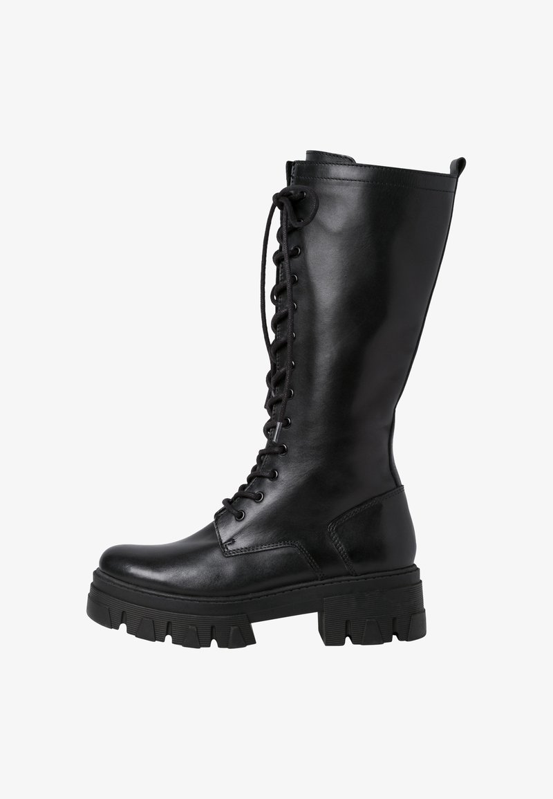 Botte de combat noire en cuir, montant jusqu'au genou, avec une semelle épaisse à crampons et une fermeture éclair à lacets sur le devant.