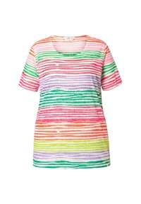 Kortærmet t-shirt med multicolor striber i pink, grøn, orange og lilla. Fremstillet af letvægtsstof med rund halsudskæring.