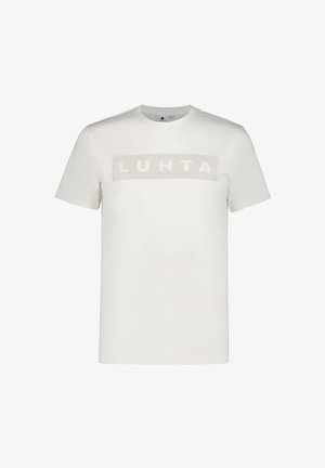 Weißes Baumwoll-T-Shirt mit kurzen Ärmeln und Rundhalsausschnitt, vorne mit großem grauem "LUHTA"-Logo. Glatte Textur, minimalistisches Design.