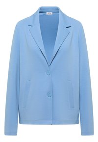Blazer décontracté bleu clair avec revers crantés, deux boutons à l'avant et poches latérales verticales, présenté sur un fond blanc.