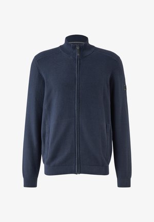 Granatowy kardigan na zamek wykonany z dzianiny, z wysokim kołnierzem, ściągaczami na rękawach i bocznymi kieszeniami. Charakteryzuje się gładką fakturą i dopasowanym krojem.