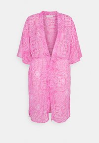 Rosa kimono-liknande morgonrock med korta ärmar och knytbälte, med ett livligt paisleymönster. Designad för bekväm, avslappnad användning.