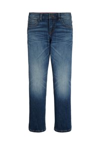 Vaqueros de mezclilla azul con corte recto, gradiente de lavado claro y oscuro, cinco bolsillos y cierre de botón. La tela presenta una sutil textura.