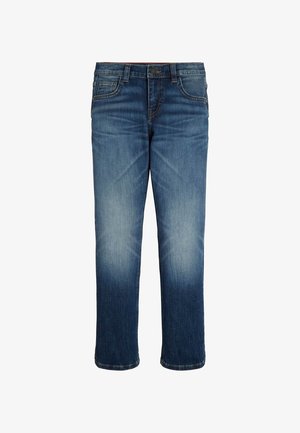 Jean en denim bleu avec une coupe droite, dégradé de lavages clair et foncé, cinq poches et une fermeture à bouton. Le tissu présente une texture subtile.