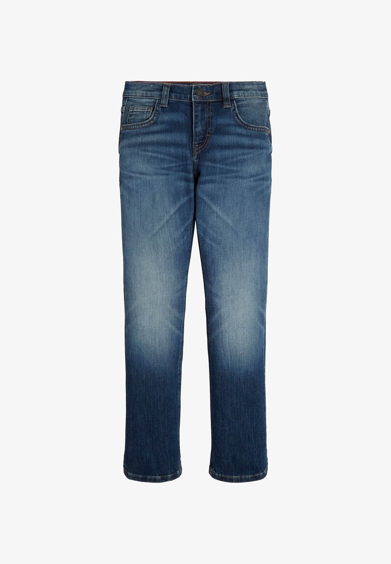 Vaqueros de mezclilla azul con corte recto, gradiente de lavado claro y oscuro, cinco bolsillos y cierre de botón. La tela presenta una sutil textura.