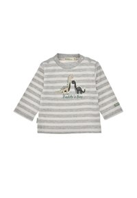 Grau-weißer, gestreifter Langarmshirt mit gestickten Dinosauriern und dem Text "Papakind." Mit Druckknöpfen an der Schulter.