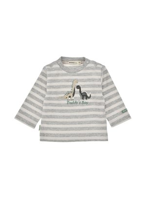 Grau-weißer, gestreifter Langarmshirt mit gestickten Dinosauriern und dem Text "Papakind." Mit Druckknöpfen an der Schulter.