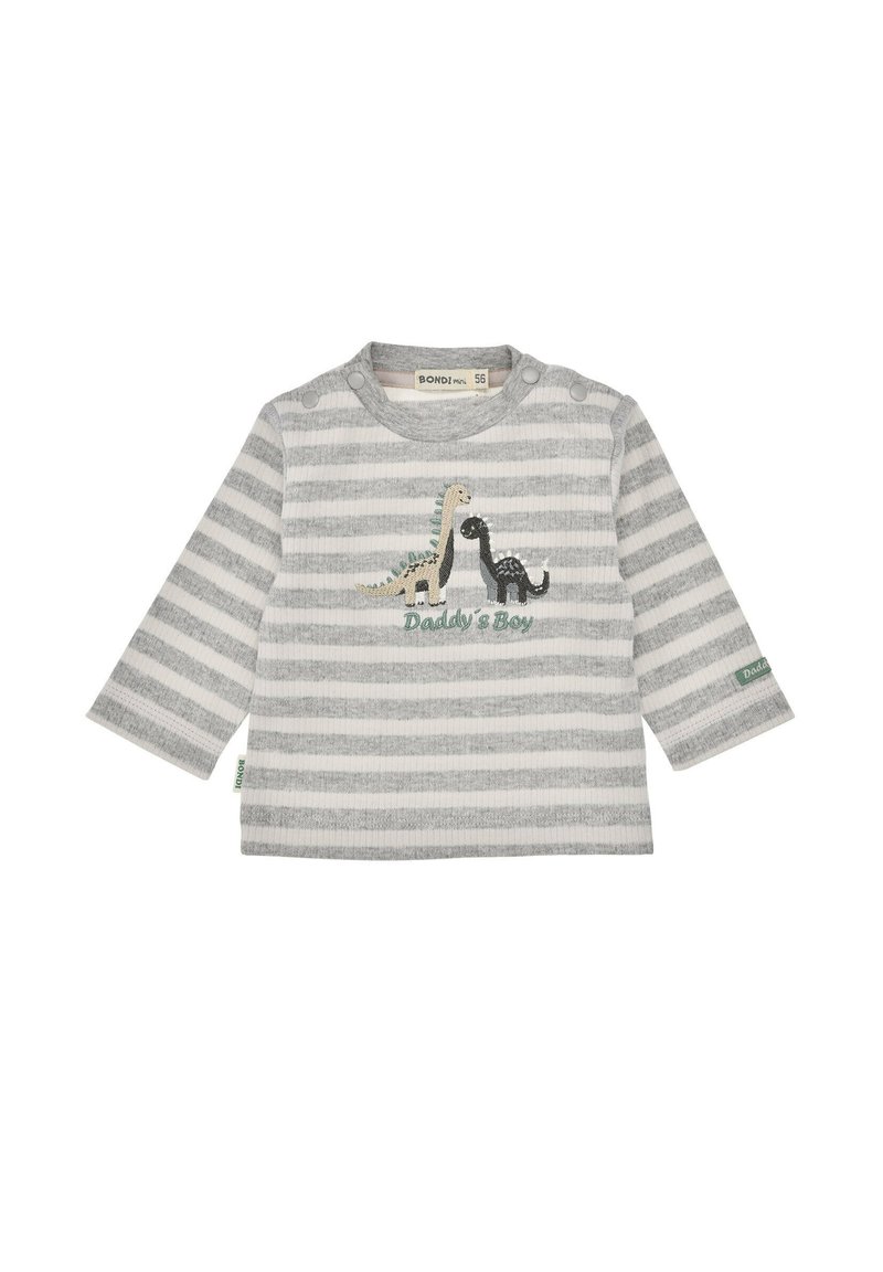 Grau-weißer, gestreifter Langarmshirt mit gestickten Dinosauriern und dem Text "Papakind." Mit Druckknöpfen an der Schulter.