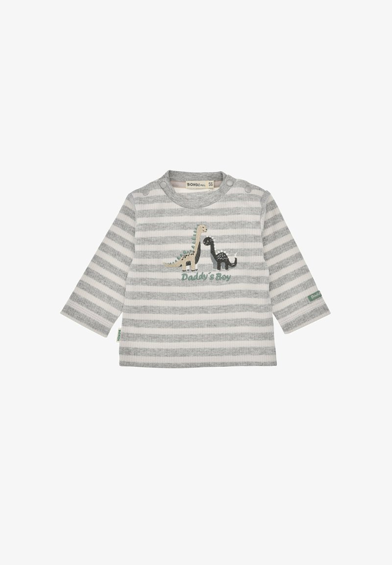 Grau-weißer, gestreifter Langarmshirt mit gestickten Dinosauriern und dem Text "Papakind." Mit Druckknöpfen an der Schulter.