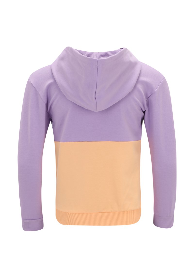 Felpa con cappuccio in blocchi di colore lavanda e pesca, con maniche lunghe, polsini e orlo a coste, caratterizzata da una texture liscia e morbida.