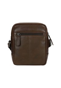 Borsa a tracolla in pelle marrone dalla forma rettangolare, con tasca frontale con zip e tracolla regolabile. Texture liscia con dettagli di cucitura sottili.