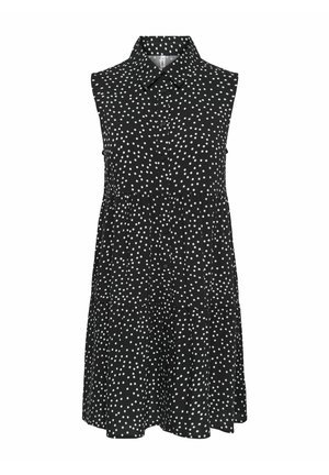 Robe noire sans manches à pois blancs, col chemise, boutonnée devant et jupe à volants.