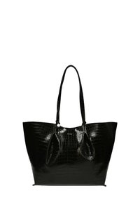 Zwarte krokodillen-embossed tote bag met een gladde, glanzende afwerking, twee lange handvatten en een open topontwerp. Vrij van extra hardware of accenten.
