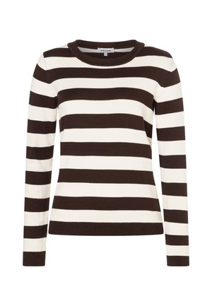 Braun-creme gestreifter Pullover mit langen Ärmeln, rundem Halsausschnitt, weicher Strickstruktur und taillierter Silhouette.