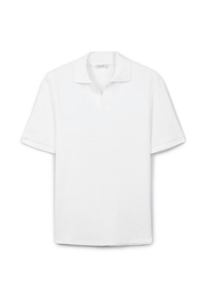 Weißes Poloshirt aus strukturiertem Baumwollstoff, mit klassischem Kragen, kurzen Ärmeln und geradem Saum. Einfaches Design, keine Muster.