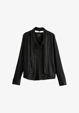 Black long-sleeve blouse with a draped cowl neck, made from smooth fabric. Features a structured front and subtle embellishments on sleeves.