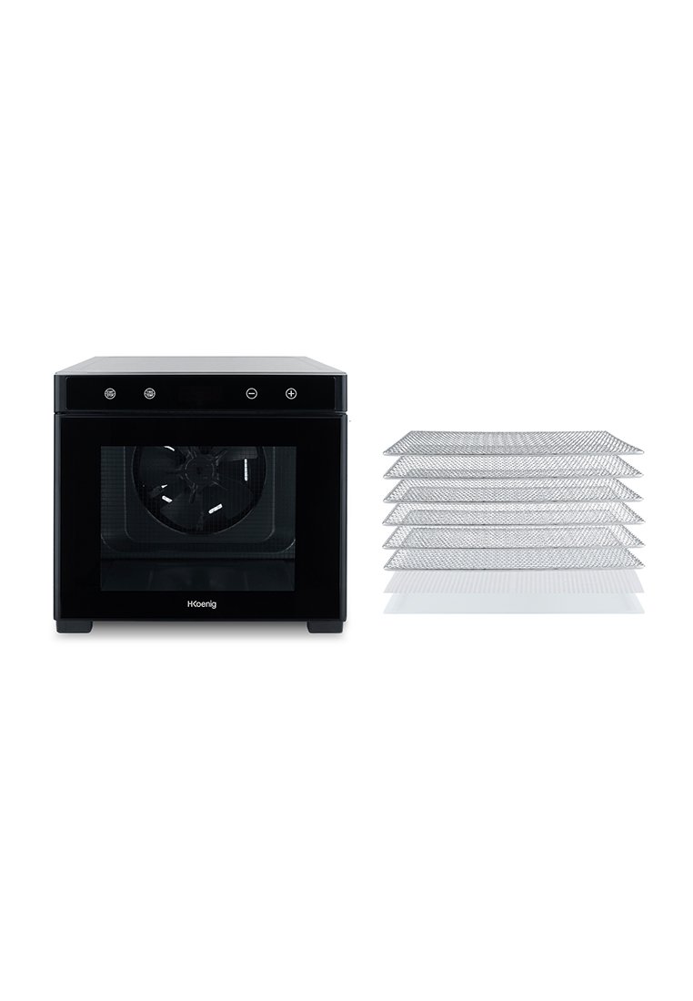 Elettrodomestico da cucina nero con un pannello frontale in vetro e tre pulsanti. Include cinque vassoi per l'asciugatura in rete impilati accanto ad esso.