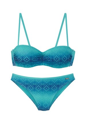 Blue patterned bikini set with thin adjustable straps on the top and matching low-rise bikini bottoms on a white background.