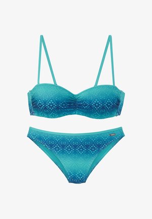 Blue patterned bikini set with thin adjustable straps on the top and matching low-rise bikini bottoms on a white background.