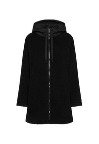 Black hooded jacket with a zip front. Made of textured fabric, featuring a soft, cozy appearance. Loose fit with long sleeves and an adjustable hood.