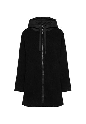 Schwarze Kapuzenjacke mit Reißverschluss. Hergestellt aus strukturierter Stoff, der weich und gemütlich aussieht. Lockere Passform mit langen Ärmeln und einer verstellbaren Kapuze.