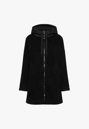 Schwarze Kapuzenjacke mit Reißverschluss. Hergestellt aus strukturierter Stoff, der weich und gemütlich aussieht. Lockere Passform mit langen Ärmeln und einer verstellbaren Kapuze.