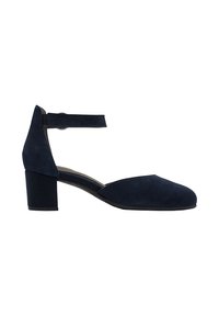 Chaussure pour femme en daim bleu marine avec bout fermé, bride de cheville avec boucle et talon bloc de hauteur moyenne.