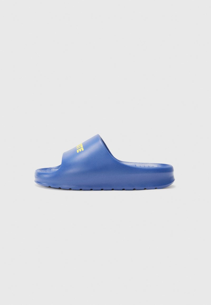 Blue slide sandal made from smooth plastic, featuring a wide strap and textured footbed. Accented with yellow lettering on the upper.