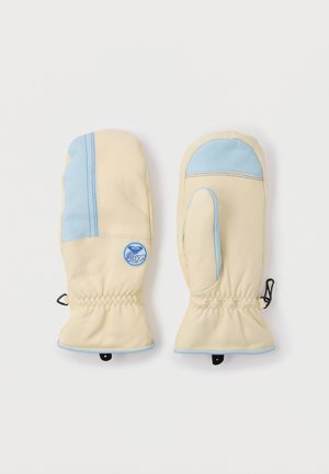 Moufles en cuir crème avec des accents bleu clair. Les caractéristiques incluent un poignet côtelé, des détails de couture et un patch circulaire avec logo.