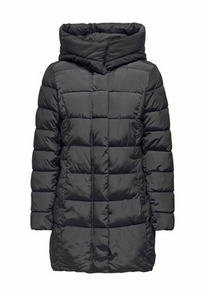 Manteau d'hiver long noir matelassé avec une grande capuche et des poches latérales, conçu pour les temps froids.