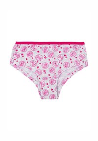 Hellgraue Baumwollunterwäsche mit rosa Besatz und einem wiederholten Muster von Figuren in Kreisen, akzentuiert durch kleine rosa Blumen. Mid-Rise-Design.