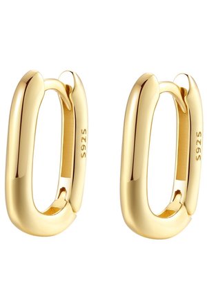 Paire de boucles d'oreilles créoles en or lisses avec des formes rectangulaires et "S925" gravé à l'intérieur de chaque fermoir.