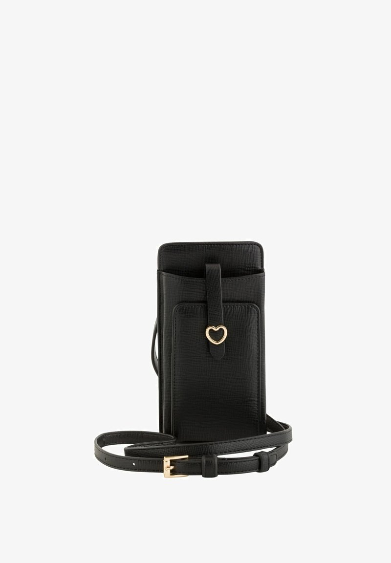 Schwarze, strukturierte Leder-Umhängetasche für das Telefon mit goldfarbenem, herzförmigem Verschluss und verstellbarem Riemen mit goldener Schnalle.
