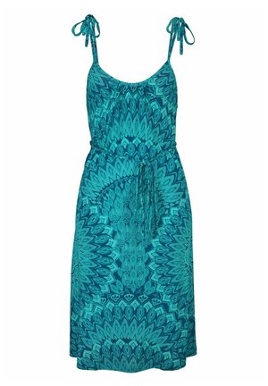 Turquoise sleeveless summer dress with tie straps and a waist belt, featuring a detailed symmetrical floral pattern.
