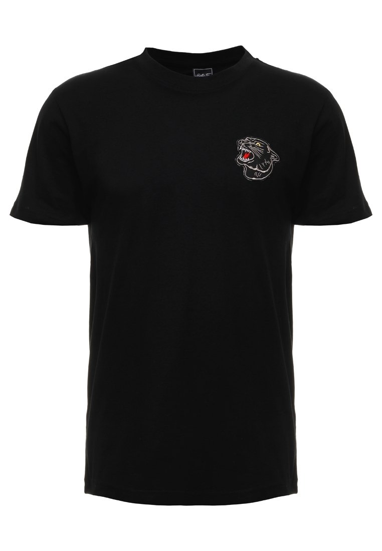 Svart bomull t-shirt med en liten broderad panterhuvuddetalj på vänster bröst, med röda och vita accenter. Korta ärmar, klassisk passform.