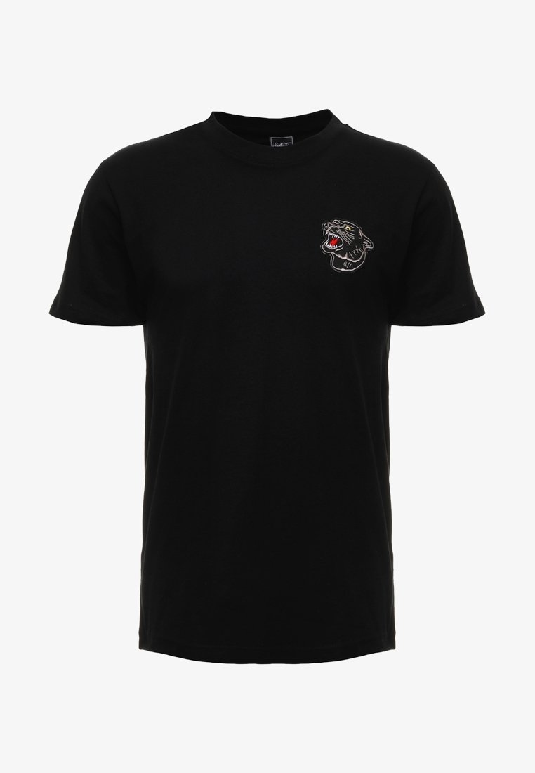 Black cotton t-shirt featuring a small embroidered panther head detail on the left chest, with red and white accents. Short sleeves, classic fit.