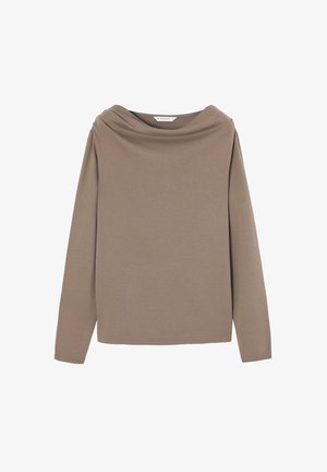 Ilgi svārki no mīksta taupe auduma, ar kapuces kaklu un pieguļošu siluetu, gludu tekstūru un vienkāršu apakšmalu apdari.