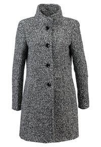 Grå og sort plettet frakke med høj krave, med fem sorte knapper, lige snit og lange ærmer. Tekstureret stof.