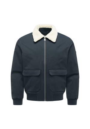 Donkerblauwe jas met witte fleece kraag, voorrits, twee klepzakken en geribde boorden en zoom.
