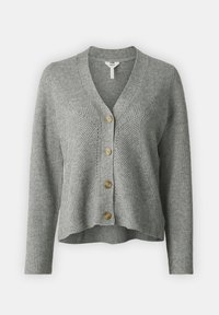 Grå cardigan laget av ribbestrikket stoff, med V-hals, fem treknapper og en lett cropped kant.
